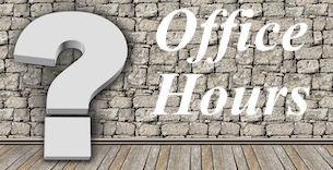 Stone wall with question mark and text: Office Hours