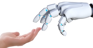 Image of a human hand touching a robot's fingers