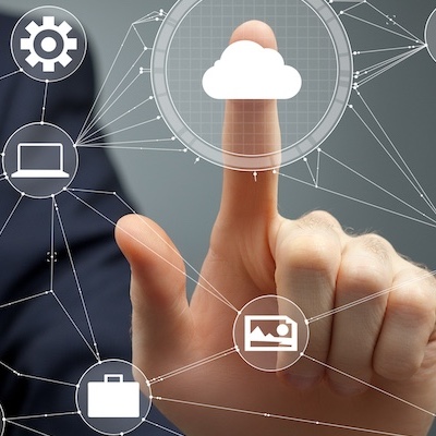 Image of Businessman pressing cloud button to access many resources