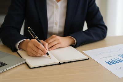 Image of a businessman writing in a notebook