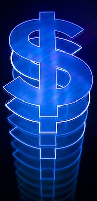 Image of stacked blue dollar signs in neaon