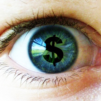 Image of an eye with a dollar sign in the middle